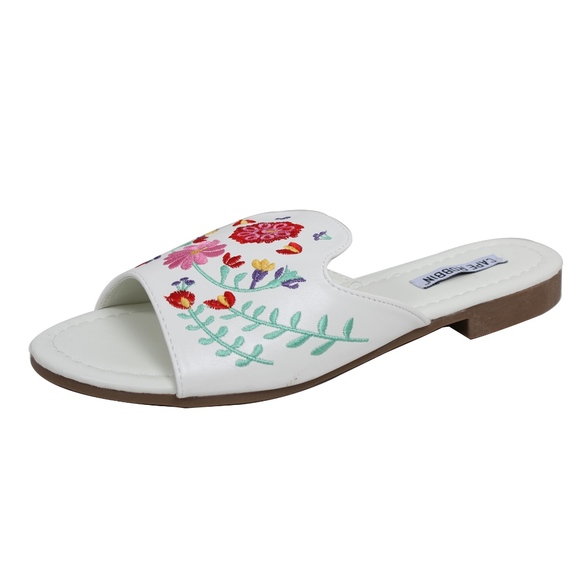 White Flower Embroidered Open Toe Slip On Sandal - Picture 2 of 6